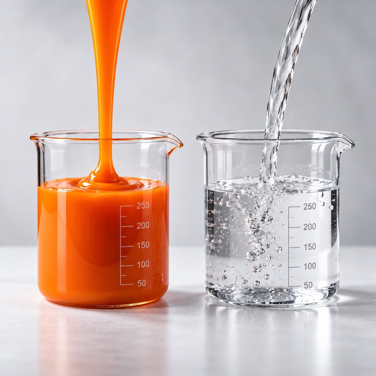 Ilustração de recipientes de laboratório com líquido laranja e líquido transparente