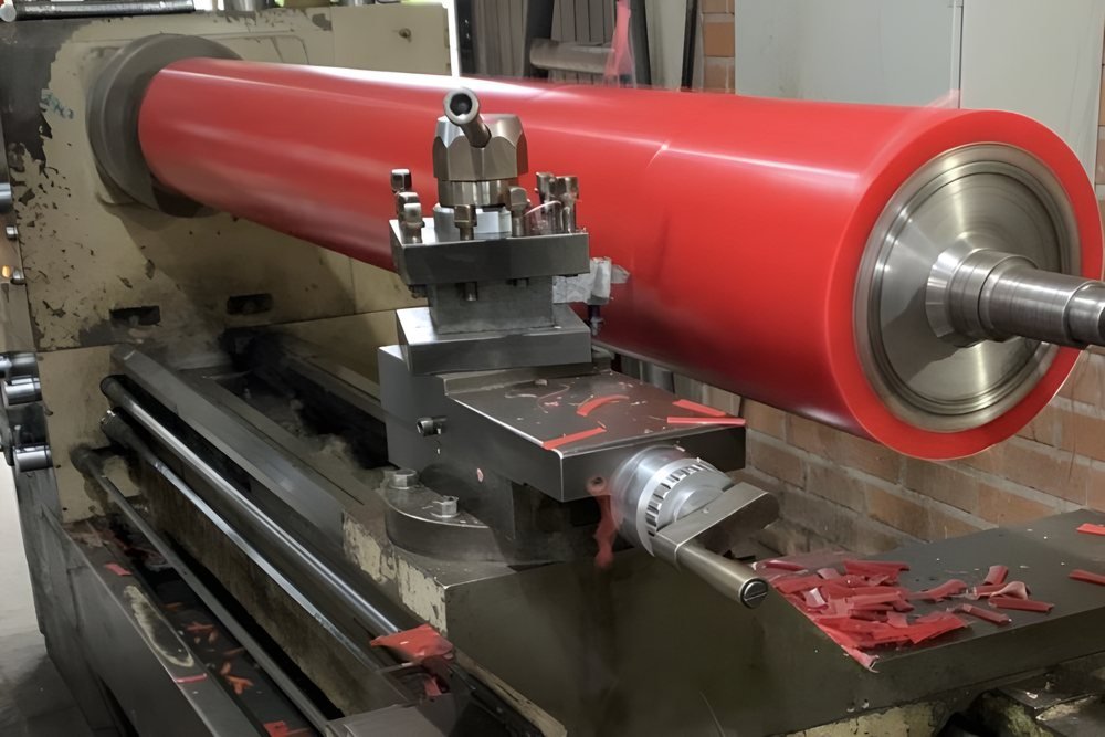 Usinagem do revestimento no torno, na fábrica em Almirante Tamandaré